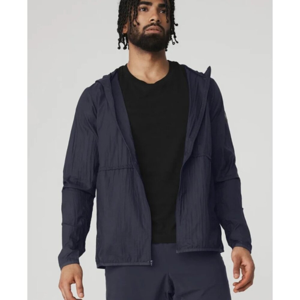 Alo Repeat Running Jacket True Navy Hooded Lightweight Raincoat Windbreaker Coat - Picture 4 of 8